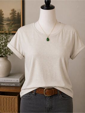 PrAna Women's Large Beige Organic Cotton Blend Roll Sleeve Tee Casual Minimalist